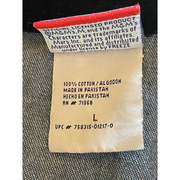 Vintage M&M's Candy Denim Button Down Shirt. 90's. Size Large. Velvet Collar! - Picture 4 of 7